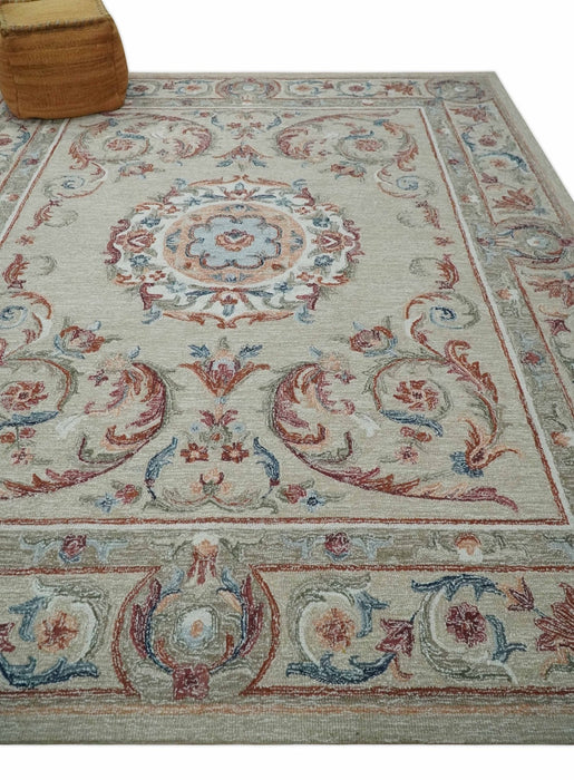 Beige, Brown and Blue Hand Tufted floral Aubusson design 8x10 wool Area Rug
