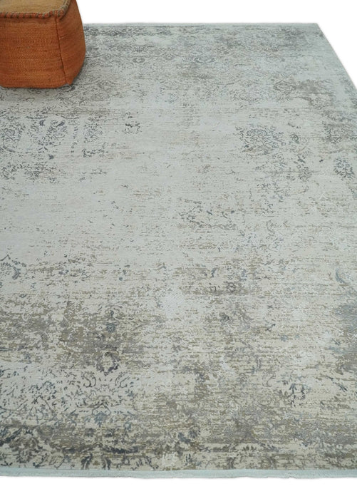 3x5 Beige, Brown and Silver Antique Finish Silk Area Rug