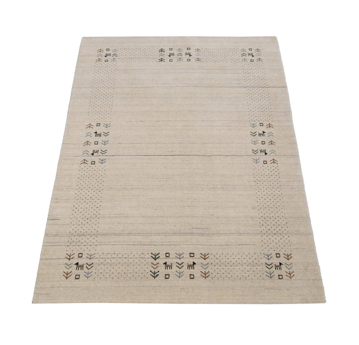 Beige Contemporary Solid Border Design Hand Loomed Wool Area Rug
