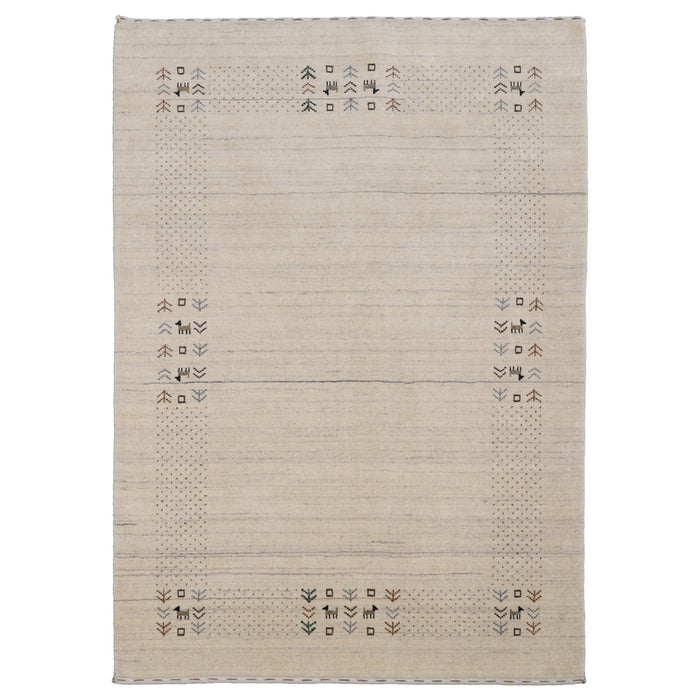Beige Contemporary Solid Border Design Hand Loomed Wool Area Rug