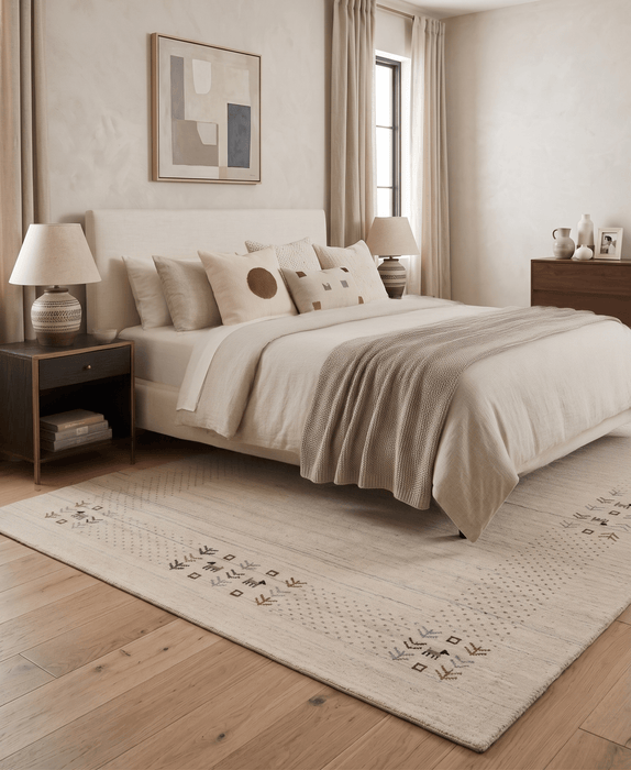 Beige Contemporary Solid Border Design Hand Loomed Wool Area Rug