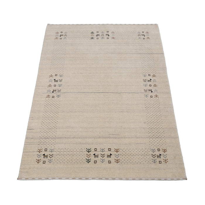 Beige Contemporary Solid Border Design Hand Loomed Wool Area Rug