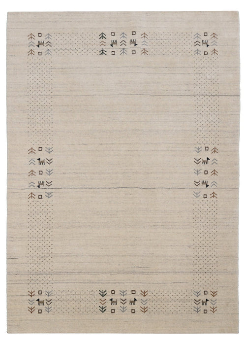 Beige Contemporary Solid Border Design Hand Loomed Wool Area Rug