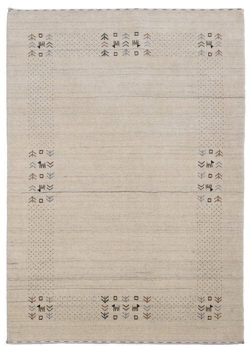 Beige Contemporary Solid Border Design Hand Loomed Wool Area Rug