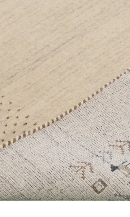Beige Contemporary Solid Border Design Hand Loomed Wool Area Rug