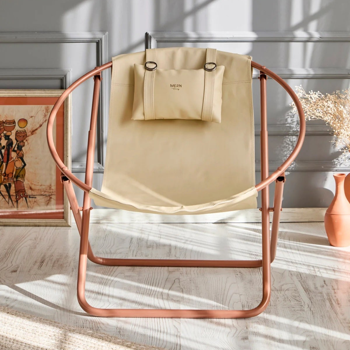 Faux Leather Folding Chair Metal Frame Beige — Culinary Cave