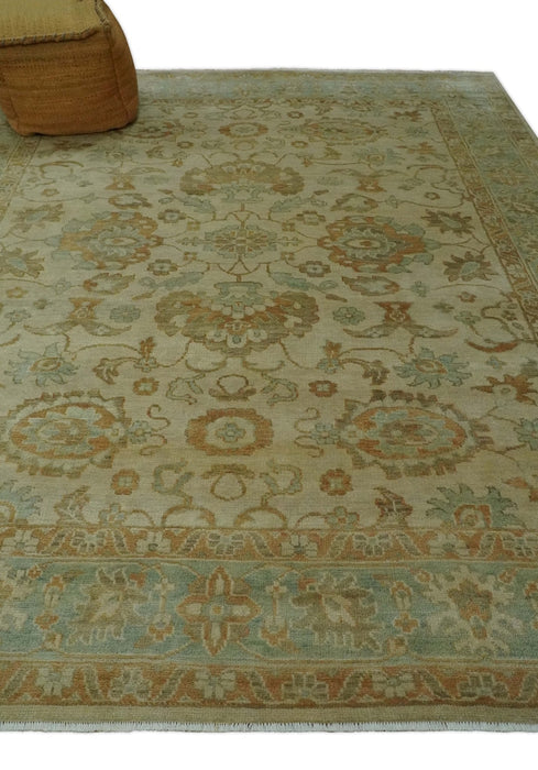 Beige, Gray and Olive Antique Floral Hand knotted Traditional Oushak 8x10 wool Area rug