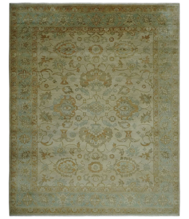 Beige, Gray and Olive Antique Floral Hand knotted Traditional Oushak 8x10 wool Area rug