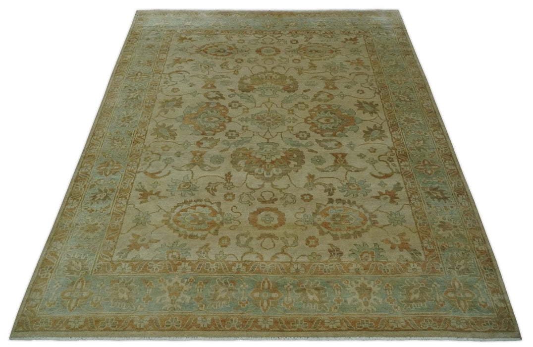 Beige, Gray and Olive Antique Floral Hand knotted Traditional Oushak 8x10 wool Area rug