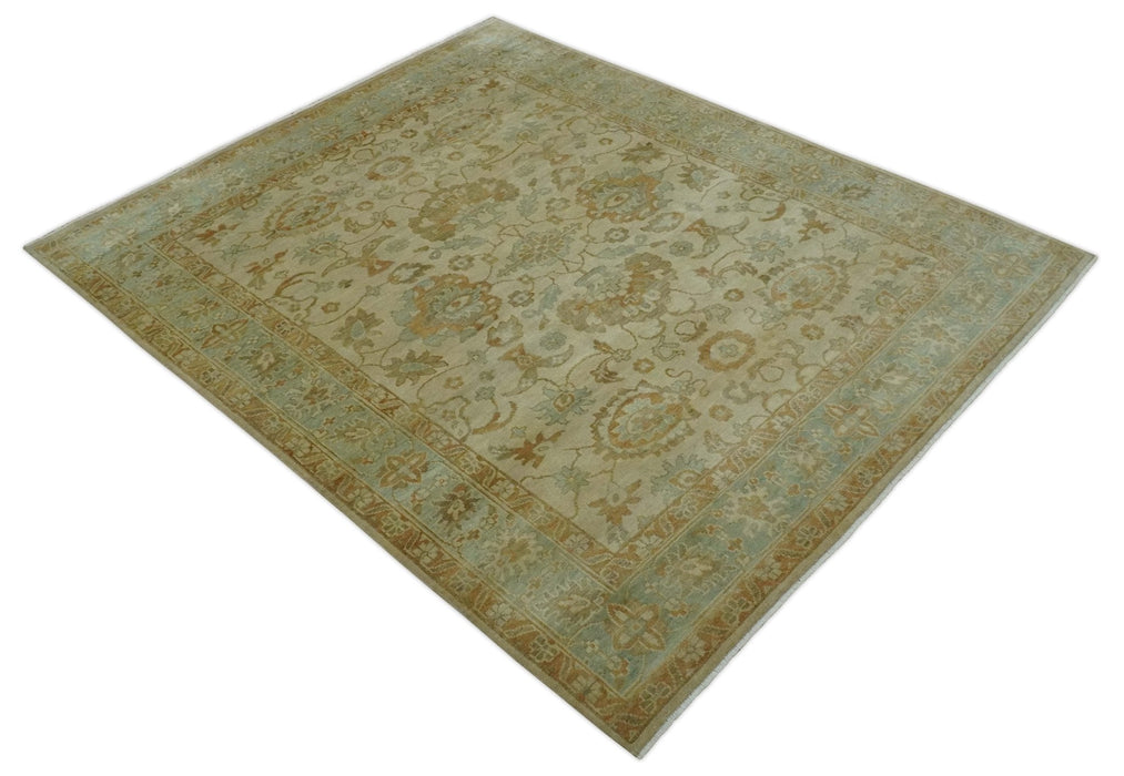 Beige, Gray and Olive Antique Floral Hand knotted Traditional Oushak 8x10 wool Area rug