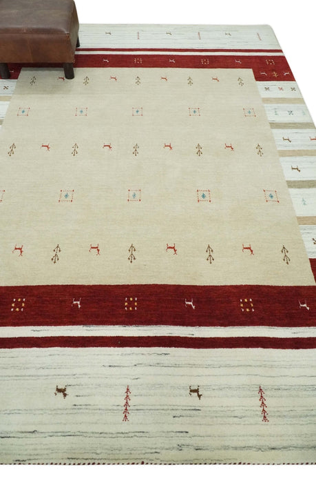 Tribal 5x8 Beige, Ivory and Maroon Stripes Wool Hand Woven Southwestern Gabbeh Rug | KNT30