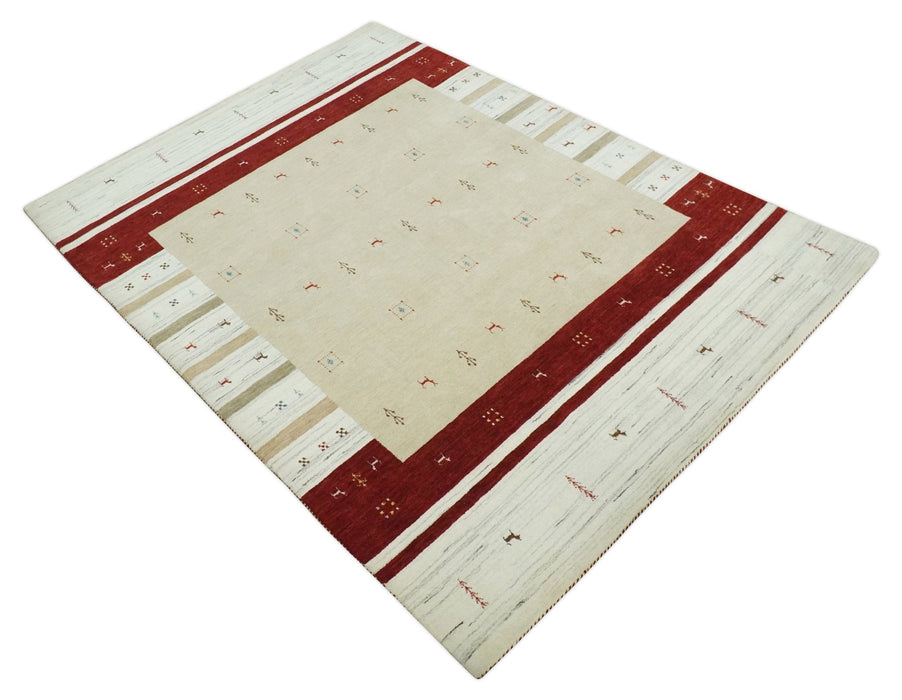 Tribal 5x8 Beige, Ivory and Maroon Stripes Wool Hand Woven Southwestern Gabbeh Rug | KNT30