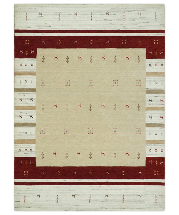 Tribal 5x8 Beige, Ivory and Maroon Stripes Wool Hand Woven Southwestern Gabbeh Rug | KNT30
