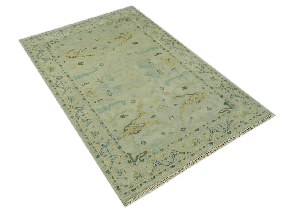 Beige, Mustard and Teal 6x9 Hand Knotted Traditional Oriental Oushak wool area rug