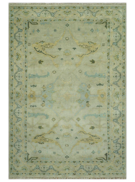 Beige, Mustard and Teal 6x9 Hand Knotted Traditional Oriental Oushak wool area rug