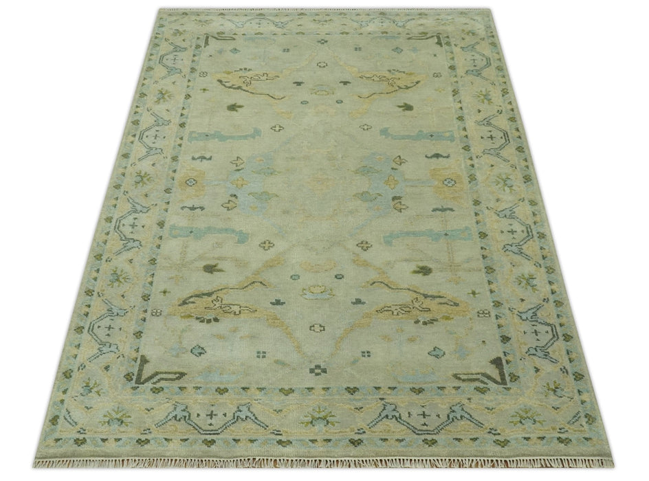 Beige, Mustard and Teal 6x9 Hand Knotted Traditional Oriental Oushak wool area rug
