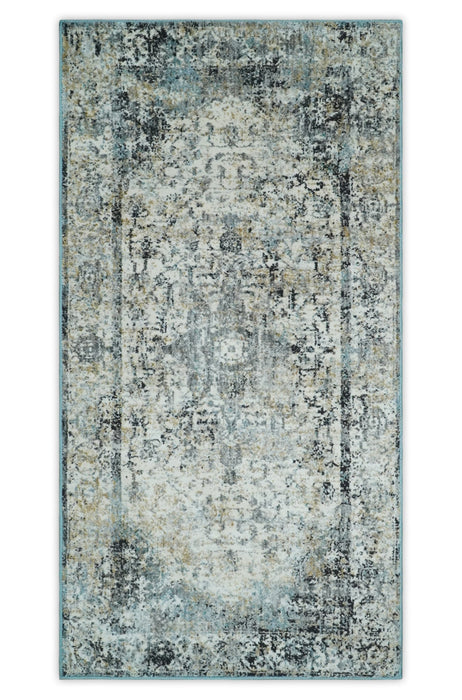 Beige, Olive and Gray and Black Antique Finish, Vintage look, Art Silk Area Rug, Living Room Rug | TRDMM7