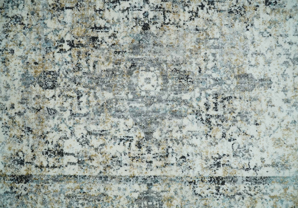 Beige, Olive and Gray and Black Antique Finish, Vintage look, Art Silk Area Rug, Living Room Rug | TRDMM7