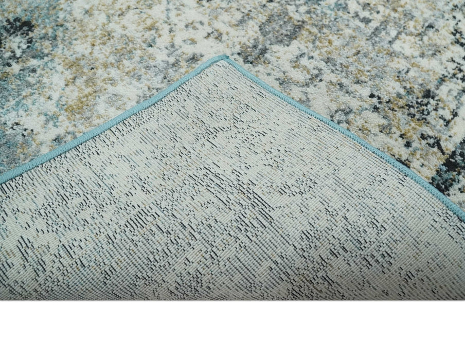 Beige, Olive and Gray and Black Antique Finish, Vintage look, Art Silk Area Rug, Living Room Rug | TRDMM7