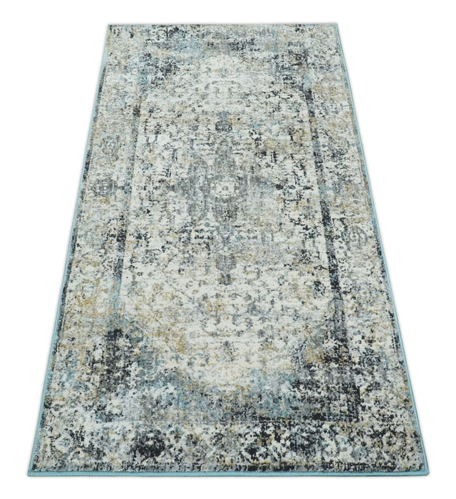 Beige, Olive and Gray and Black Antique Finish, Vintage look, Art Silk Area Rug, Living Room Rug | TRDMM7