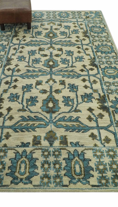 Beige, Teal and Charcoal Traditional Large Design Hand Knotted 5x8 wool Rug