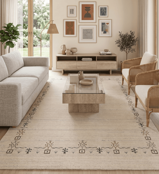 Beige Tribal Border Hand Loomed Wool Area Rug