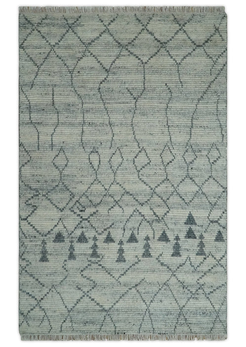 Custom Made Hand Knotted Beige And Gray Moroccan Trellis Blended Wool Rug