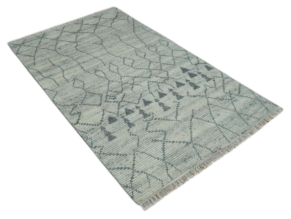 Custom Made Hand Knotted Beige And Gray Moroccan Trellis Blended Wool Rug