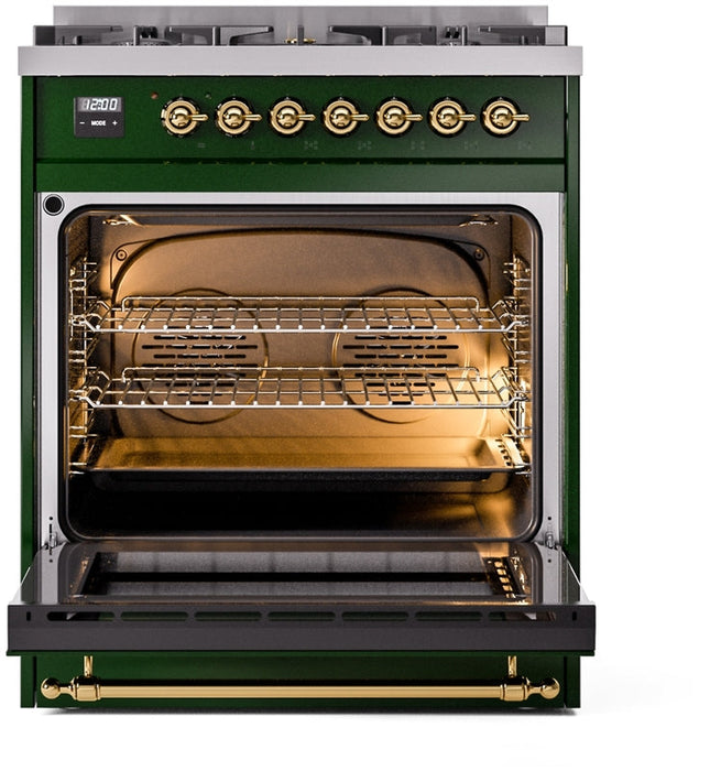 ILVE Nostalgie II 30" Dual Fuel Natural Gas Range in Emerald Green with Brass Trim, UP30NMPEGG