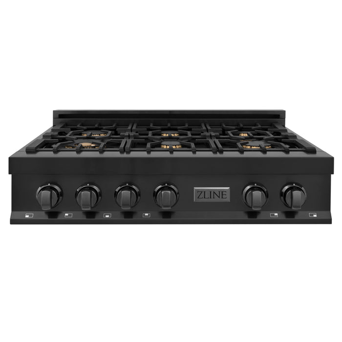 ZLINE Appliance Package - 36" Rangetop With 6 Gas Burners, Range Hood In Black Stainless Steel, 2KP-RTBRH36