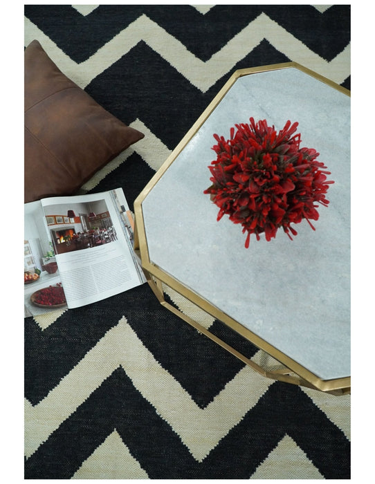 Black and Beige Outdoor Safe Hand Woven Dhurrie Rug Chevron Pattern