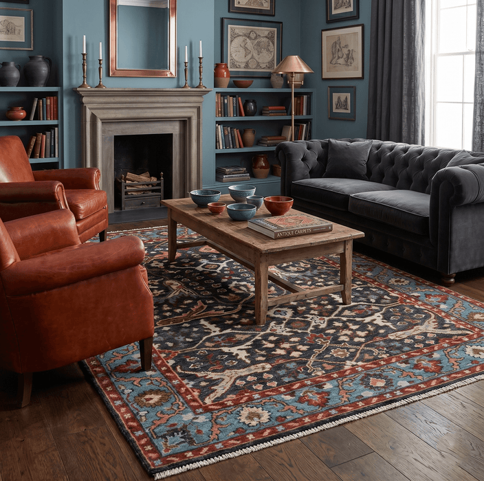 Black and Blue Hand Knotted Traditional Oushak Multi Size Wool Area Rug