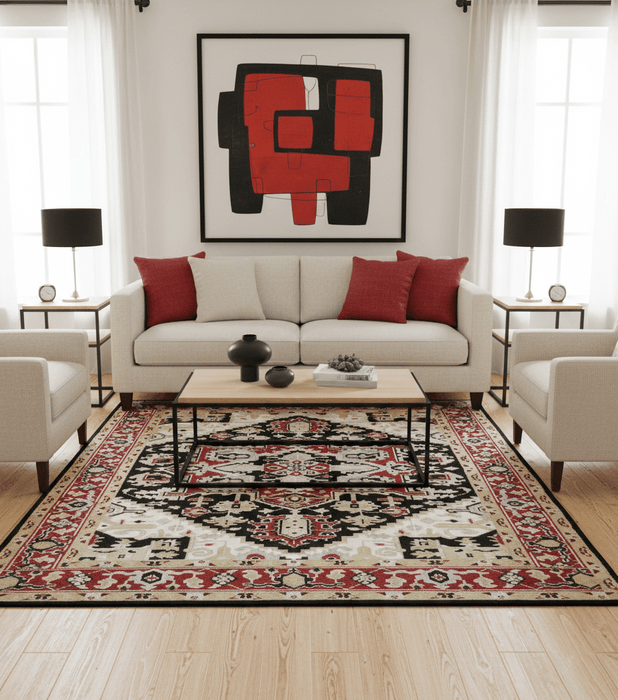 Black, Ivory, Olive and Brown Hand knotted Traditional Heriz Medallion Multi Size Wool Area Rug