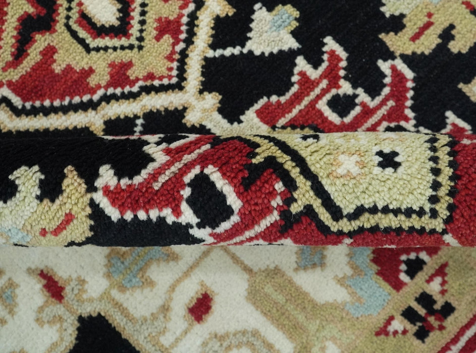 Black, Ivory, Olive and Brown Hand knotted Traditional Heriz Medallion Multi Size Wool Area Rug