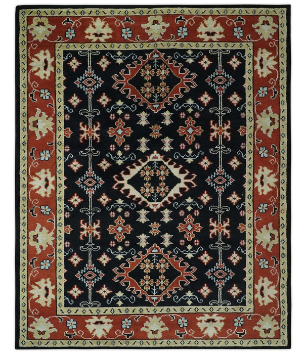 Black, Rust and Beige 8x10 Traditional Oriental Hand Knotted Wool Area Rug