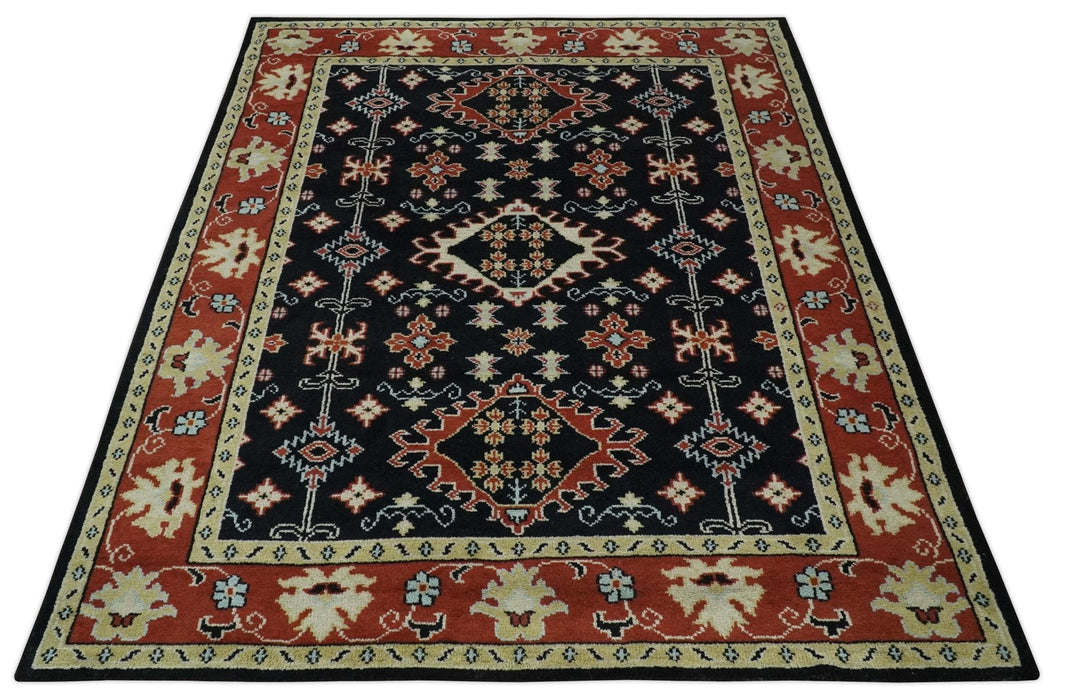 Black, Rust and Beige 8x10 Traditional Oriental Hand Knotted Wool Area Rug