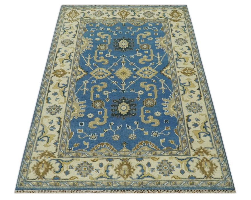 Blue and Beige 6x9 Hand Knotted Traditional Oushak wool area rug