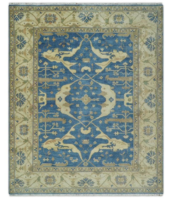 Blue and Beige Hand Knotted Traditional Oriental Oushak 8x10 wool Area Rug