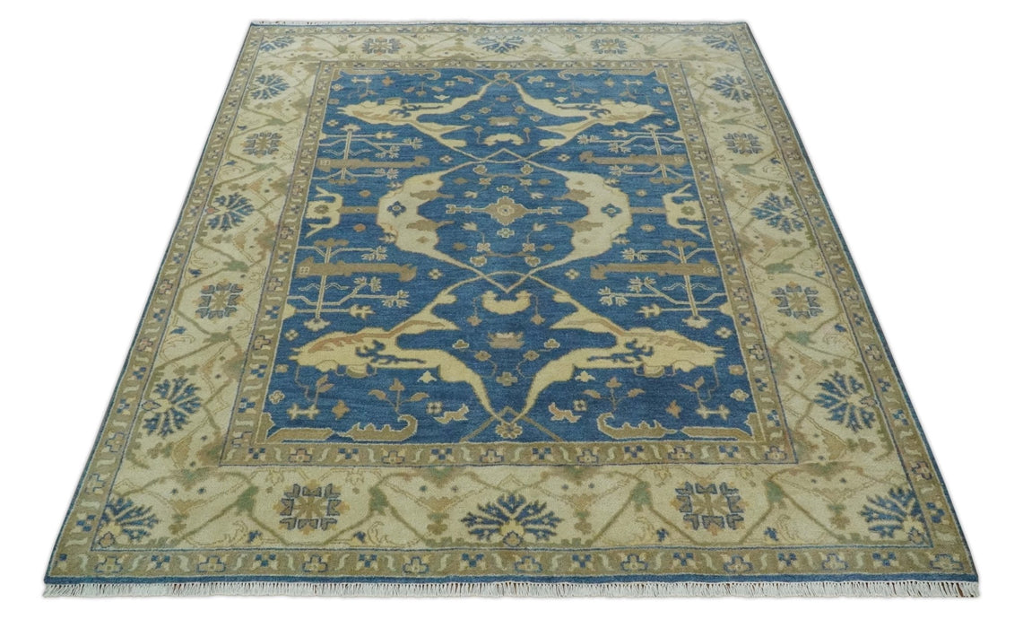 Blue and Beige Hand Knotted Traditional Oriental Oushak 8x10 wool Area Rug