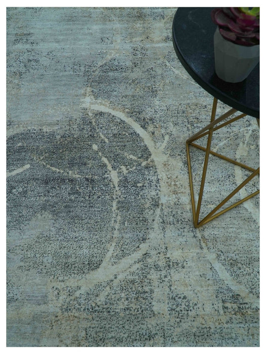 Blue And Beige Modern Abstract Design Hand Knotted 8x10 Bamboo Silk Area Rug