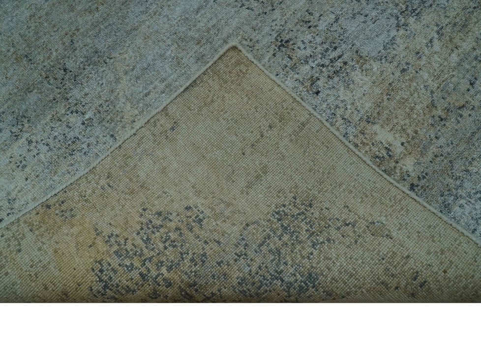 Blue And Beige Modern Abstract Design Hand Knotted 8x10 Bamboo Silk Area Rug