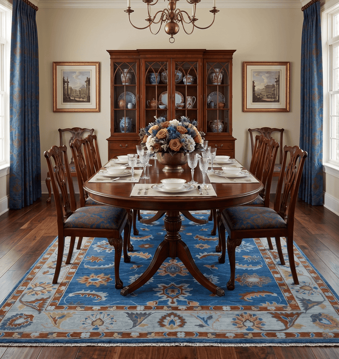 Blue And Brown Hand Knotted Floral Oushak Wool Area Rug
