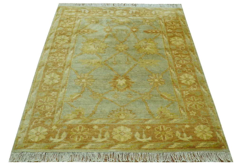 Blue And Brown Traditional Oushak Design 4x6 Hand Knotted Wool Area Rug