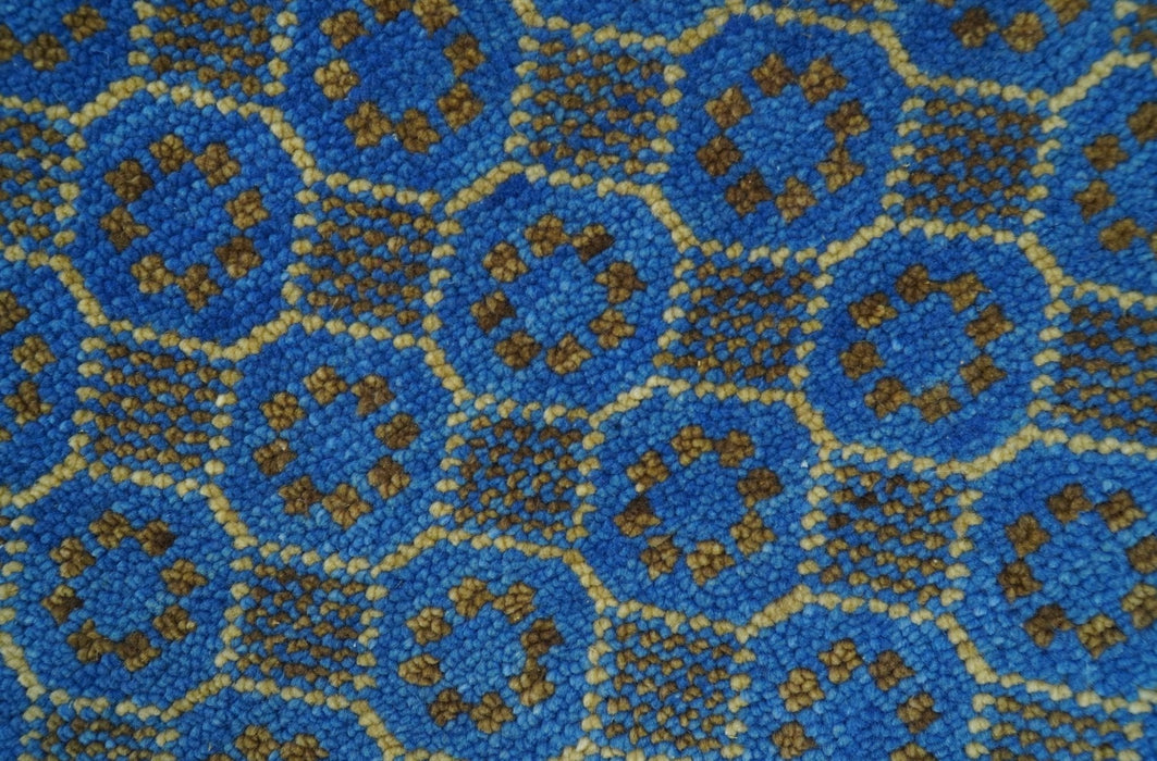 Blue and Charcoal geometrical honey comb design Hand knotted 8x9.6 wool Area Rug
