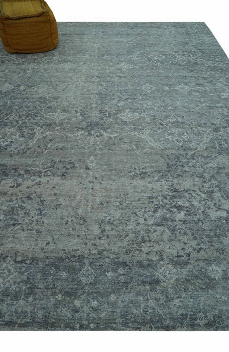 Blue And charcoal Transitional Design Hand Knotted 8.8x11.6 Wool Area Rug