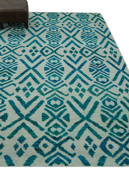 Blue and Ivory 5.6x8 Traditional Ikat design Hand Knotted wool area rug