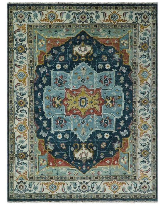 Custom Made Blue and Ivory Hand Knotted Modern Turkish Medallion Design Wool Area Rug