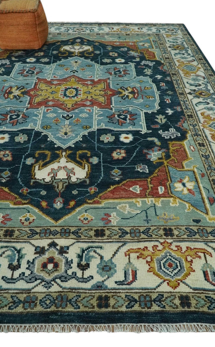 Custom Made Blue and Ivory Hand Knotted Modern Turkish Medallion Design Wool Area Rug