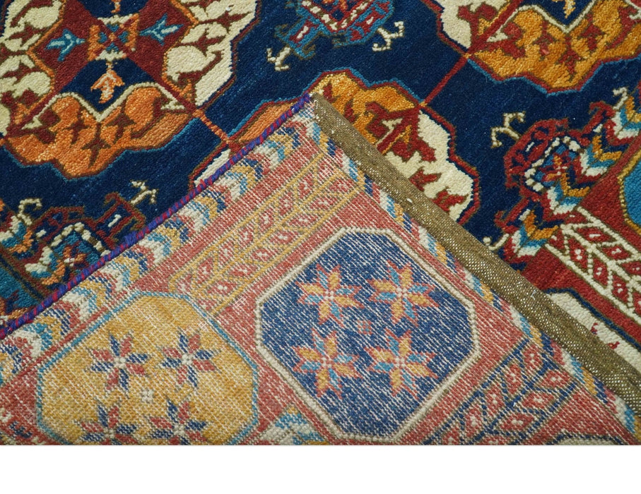 Blue And Mustard Traditional Medallion Design 8x10 Hand Knotted wool Area Rug