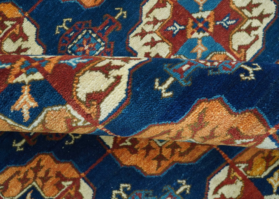 Blue And Mustard Traditional Medallion Design 8x10 Hand Knotted wool Area Rug